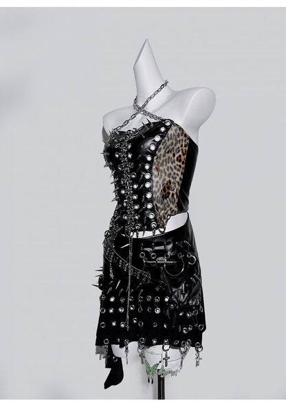 Black Halter Neck Leopard Pattern Stud Ring Corset Top