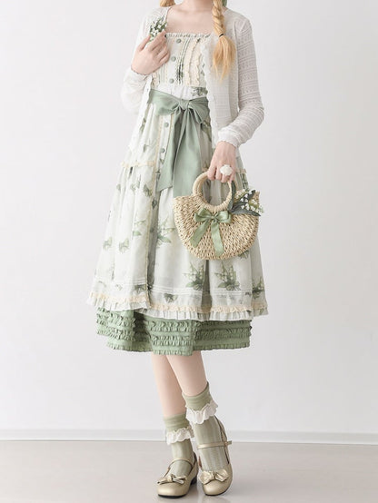 Robe d'été fleurie vert clair à imprimé muguet, jupe pull Kei Lolita naturelle