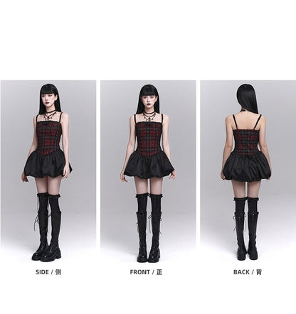 Red Plaid Basque Waist Mini Cami Dress Bubble Skirt