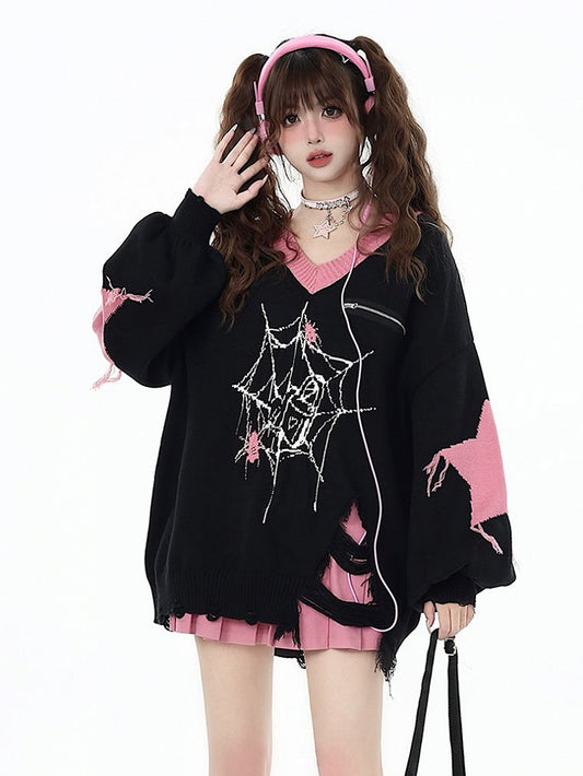 Pattern Spider Distressed Web Hem Black Sweater Holes