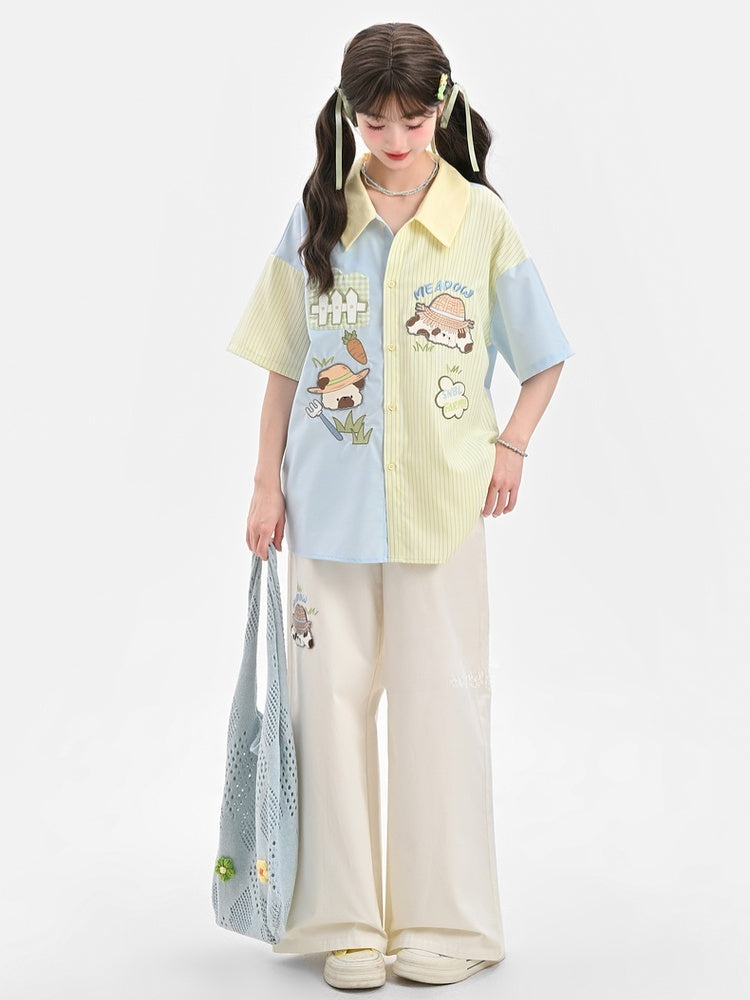 Waist Cartoon Animal Embroidery Regular/Long Wide-Leg Pants Beige High Version