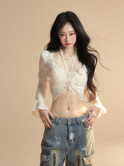 and Floral Embellished Lace Apricot Bell Sleeves Butterfly Set Cropped Top Glamorous Top With