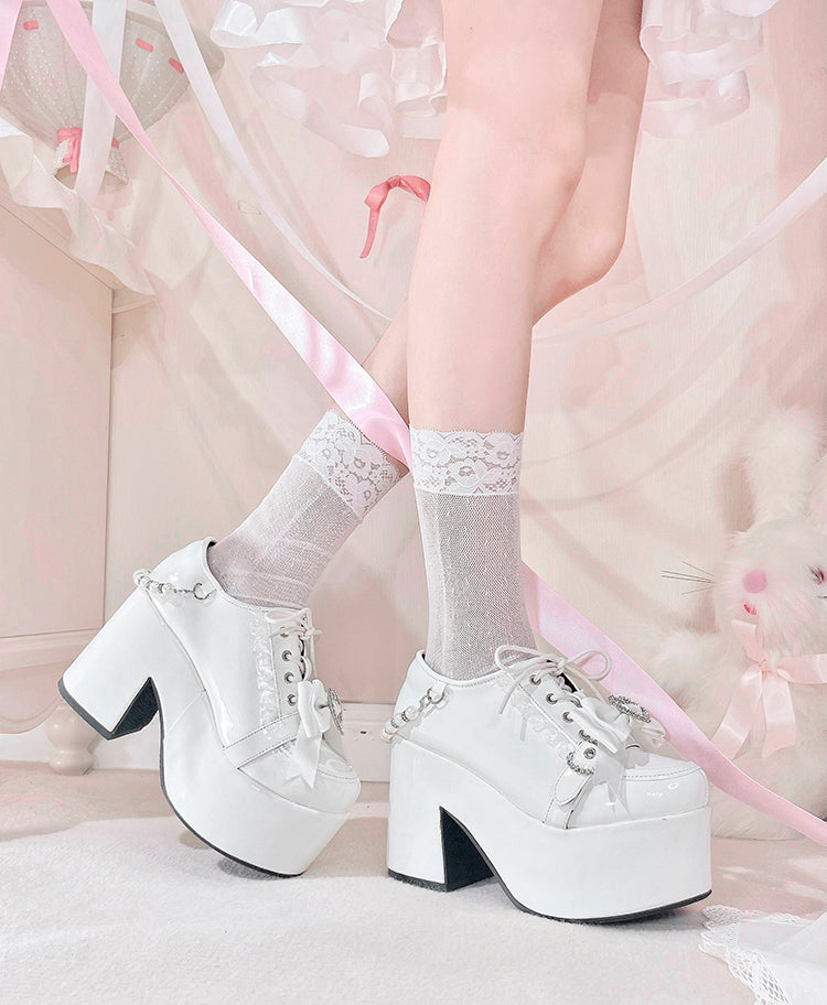 Jirai Kei Polished White Lace Trim Heart Bow Platform High Block Heels with Beaded Chain