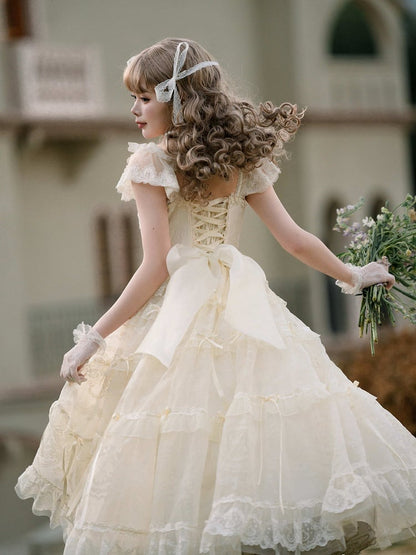 Beads Bow Creamy Princess Accents White Neckline Ribbon Dress Lolita