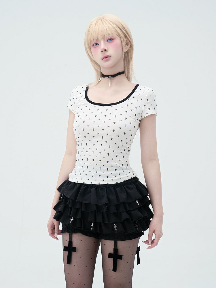 Detail Back Cat Paw Print Cat Ears and T-Shirt White at Allover Black Cross Pastel Gothic