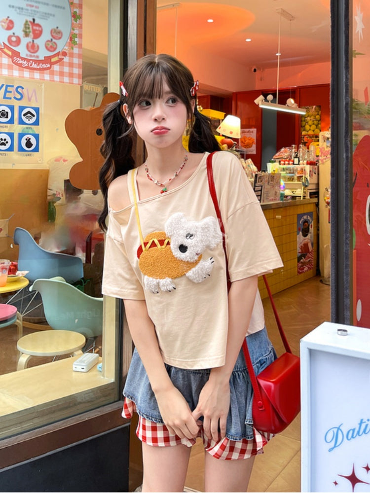 Puppy Applique T-Shirt Asymmetrical Neckline Hotdog Apricot Design