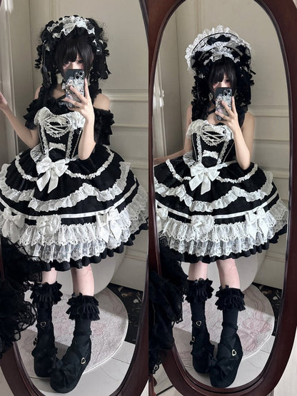 Black and White Old School Lolita Dress Bows and Heart Shape Decoration Princess Lolita Jumper Skirt