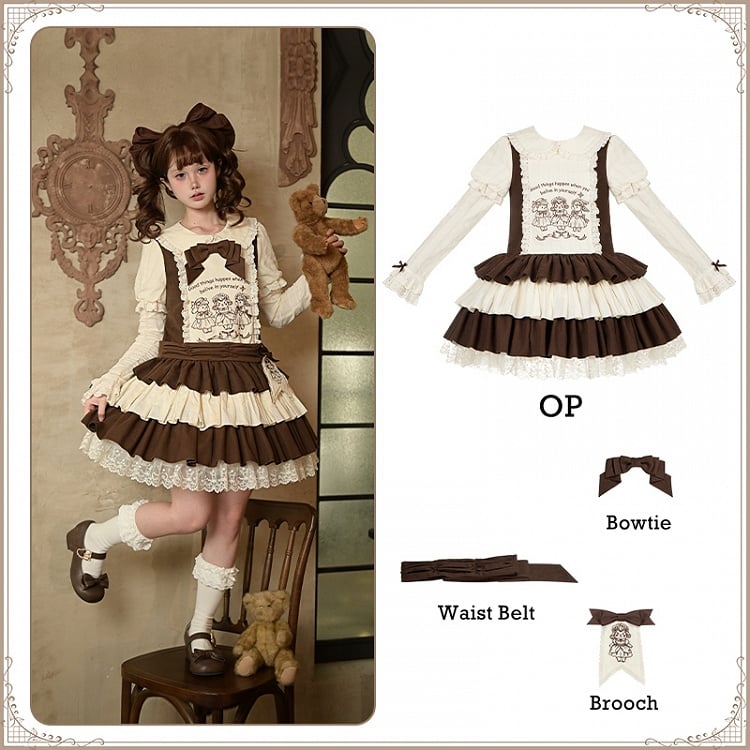 Embroidery Brooches + Details Beige Waist Brown Dress Belt Short Lolita Version Set
