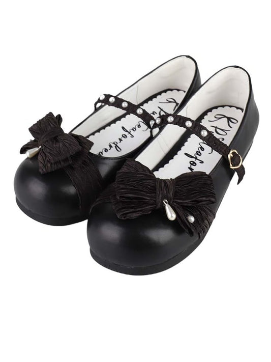 Schwarze Schuhe Herz Top verzierte Zehenschleife an runder matter Schnalle Lolita Perlen