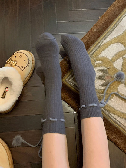 Khaki/Red/White/Grey/Green Cute Calf Socks With Pompons