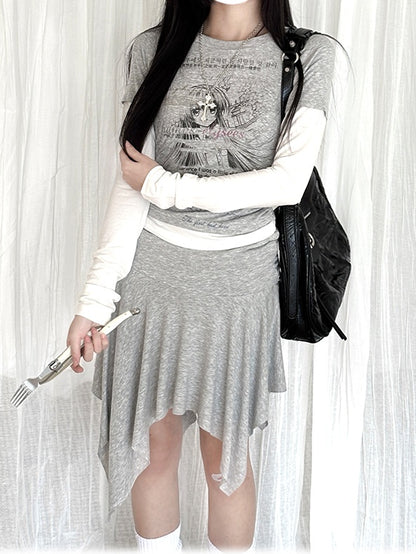 Grey Cartoon Top/Asymmetrical Two-pieces Hooded Hem Skirt Girl Print Faux
