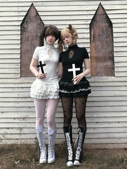 Gestufter Cross Skort Gothic Schwarz/Weiß Elastische Taille Spitzenbesatz Pumphose