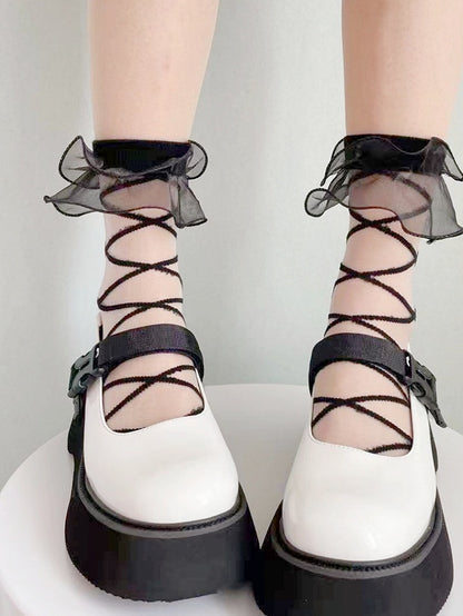 White/Black Organza Ruffled Cuff Crisscorss Banded Lolita Ankle Socks