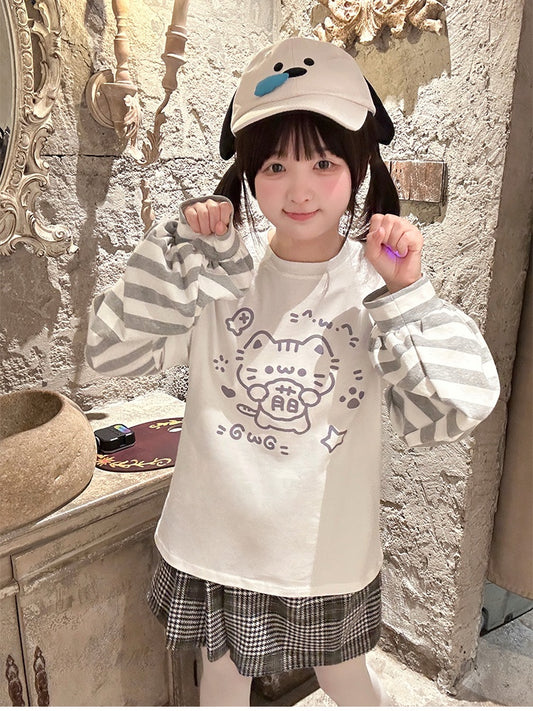 T-shirt rayé à manches longues et imprimé chaton blanc