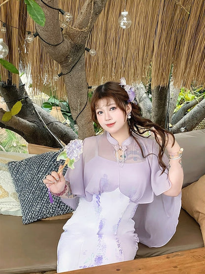 Qipao Design Dress Plus Size Cheongsam Style Purple Print Cape Wisteria