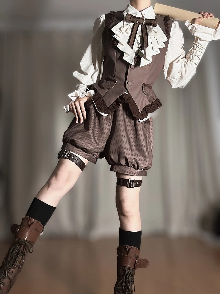 Brown Ouji Lolita Lace Trim Waistcoat + Striped Bloomer Shorts