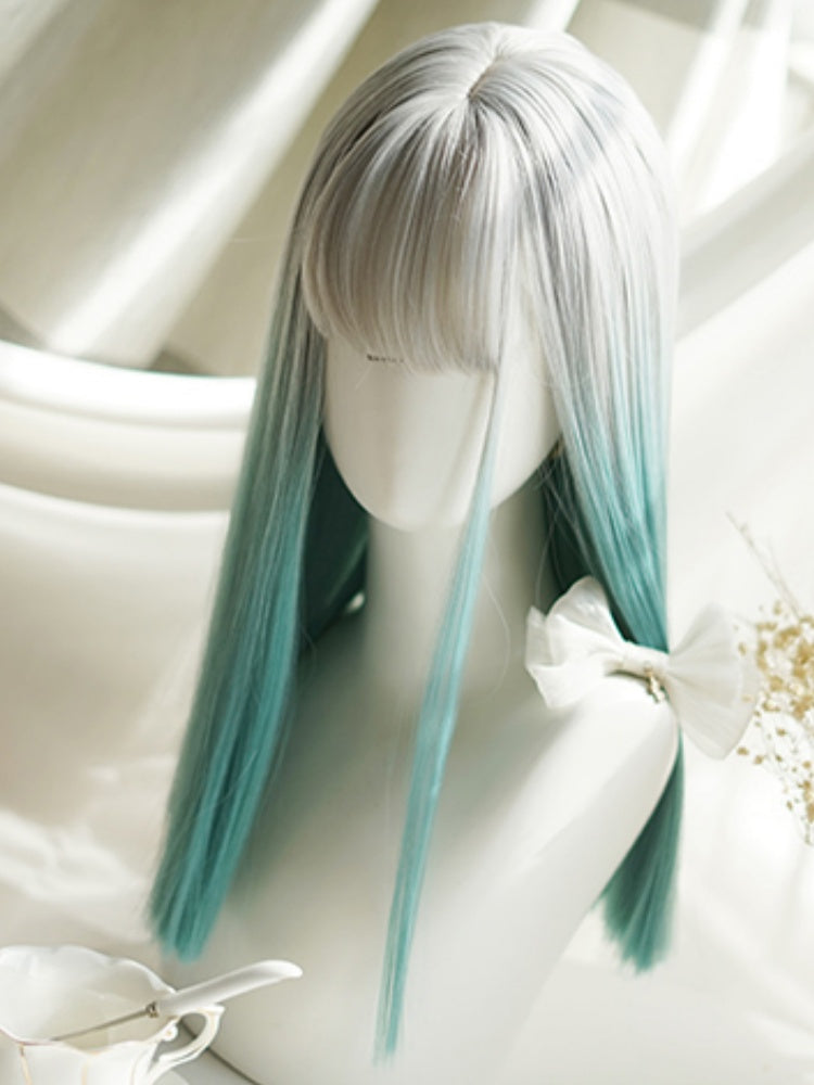 Grey-green Ombre Hair Color Above Bust Length Straight Wig With Full Bangs