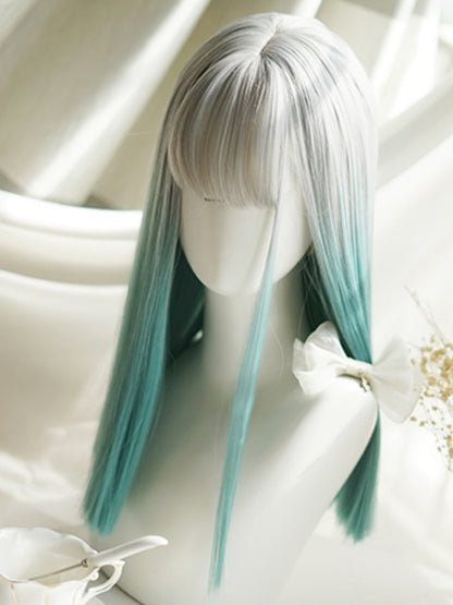 Grey-green Ombre Hair Color Above Bust Length Straight Wig With Full Bangs
