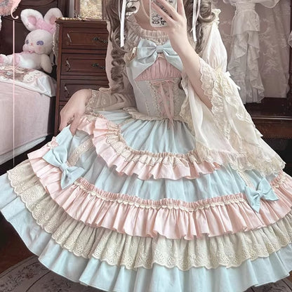 and Candy JSK Lace-up Front Scalloped Edge Sweet Lolita Dress Blue Color Pink
