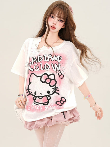 Lockeres T-Shirt mit Kätzchen-Print in Rosa/Weiß