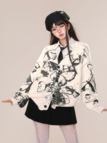 Butterfly Graffiti V-neck Cardigan