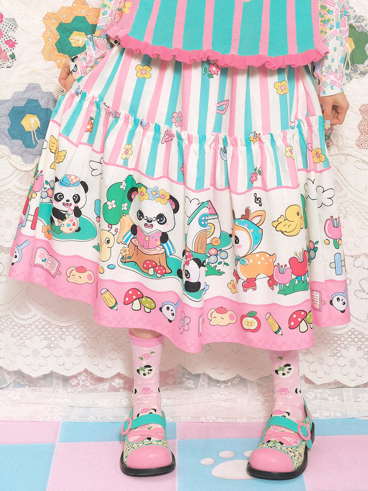 Stripe Pattern Animals Print Shirring Waist Skirt