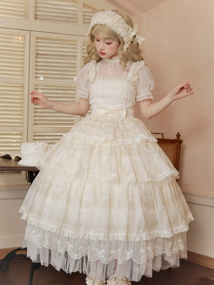Cream Tiered Print Skirt Jumper Beads Lolita Neckline