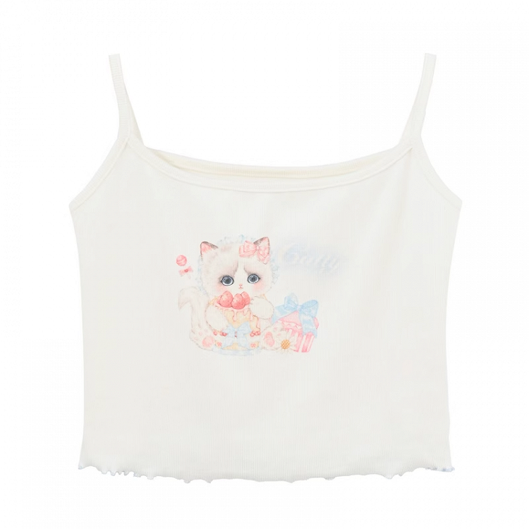 Hem White Scoop Neckline Cat Print Lettuce Cami Top