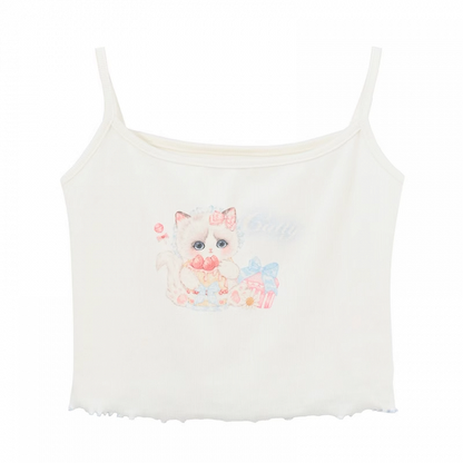 Hem White Scoop Neckline Cat Print Lettuce Cami Top