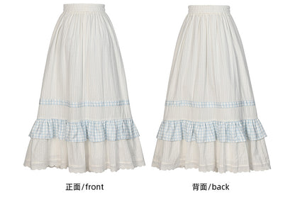 White High Waist Lace Trim Sweet Skirt Plaid Patchwork