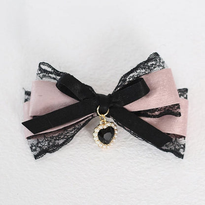 Schwarze Haarspangen Spitze Jirai Bowknot mit Kei Herz rosa Charme