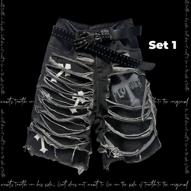 Denim Shorts Y2K Cross Appliques Distressed Holes Dark Gray Glamorous