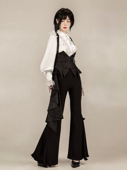 Flared Black Buckle Pants Cuffs and Pleated