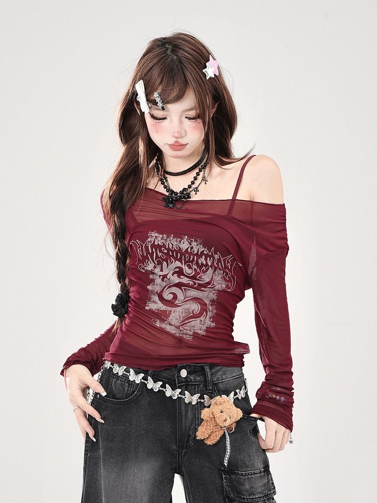 Set Red Sheer Off-Shoulder Sun Protection Top