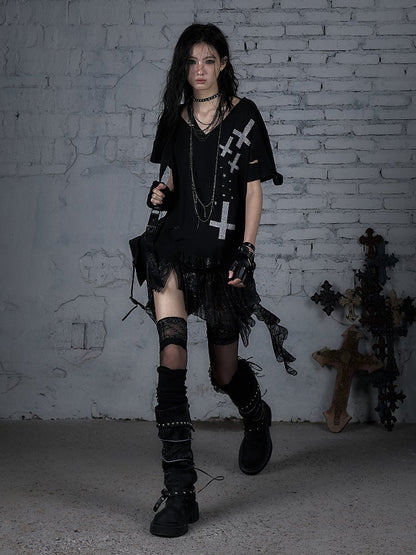 Rock Lace Detailing Graphic Distressed with Punk Handkerchief Hem Black T-shirt Cross