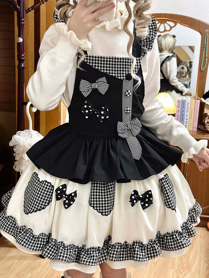 Black Gingham Sweet Bowknot Details Lolita Overall Dress