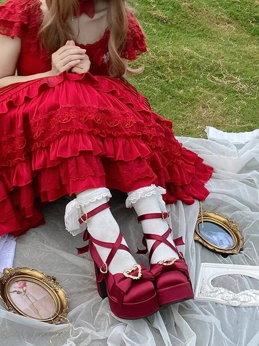 Heart Delicate High Janes Bow Sweet Mary Platform - Lolita Heel Heart-Embellished Buckles Block with Red
