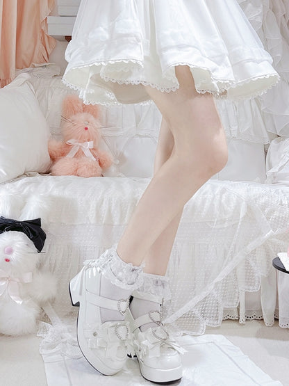 Decorated Platform Lace-up Heels Jirai Heart Polished White Details High Rhinestone Block Kei
