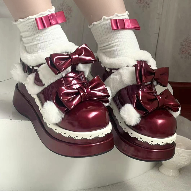 Lolita Wine Red Cute Heart Bowknot Platform Shoes With Pompons