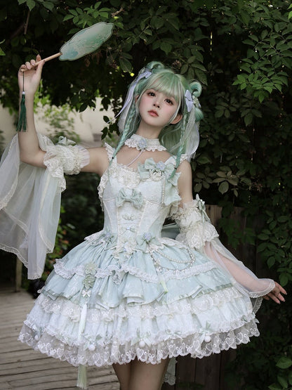 Green Bow Accents Chains and Flower Bead Qi Waist Lolita Corset Dress