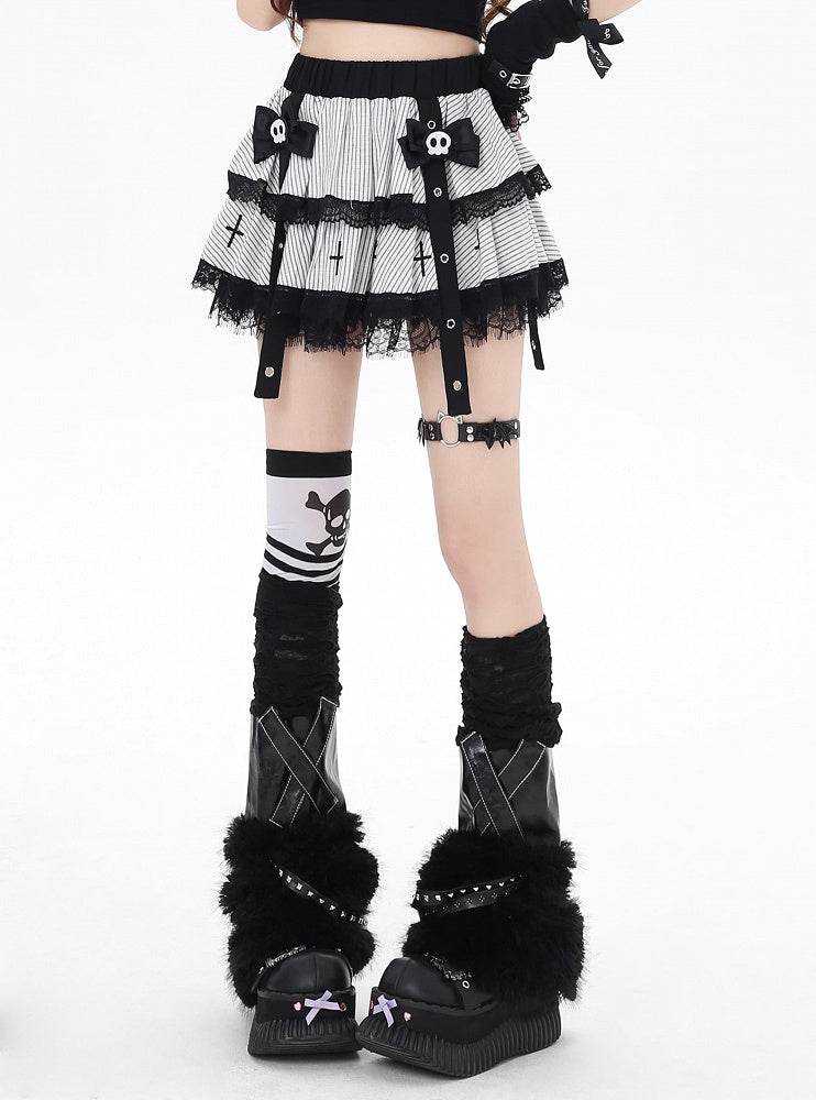 with Bow Tiered Skirt Clips White Stripes Lace Trim Punk Lined Skeleton