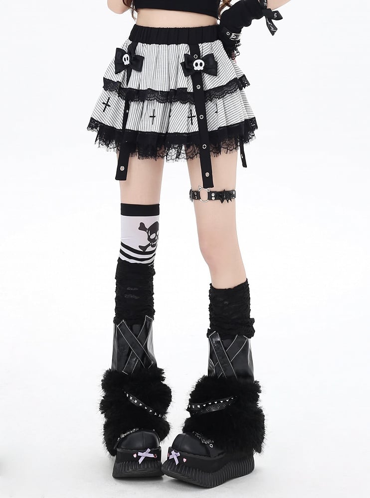 Skeleton Clips with White Stripes Lace Trim Punk Bow Lined Tiered Skirt