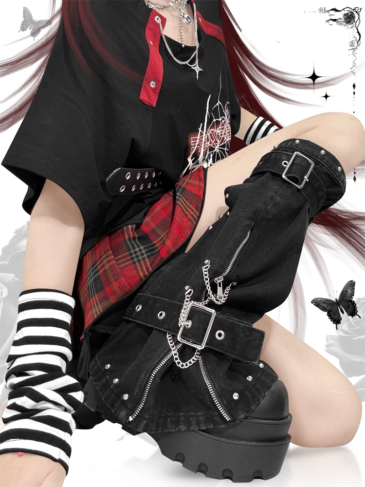 Black Punk 47.5cm Leg Warmers with Zipper and Buckle Straps at Cuffs Studded