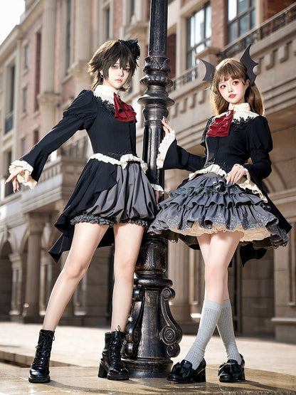 Gothic Lolita Full Set - Black Swallow Tail Long Sleeves Top + Gray Tiered Skirt + Red Jabot Brooch