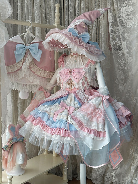 Robe Lolita taille haute rose et bleue, ensemble complet avec jupe et pull