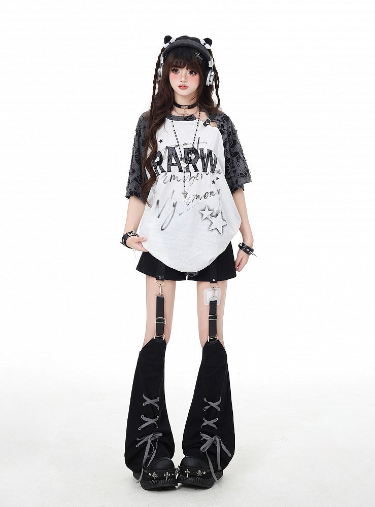 White Distressed Holes Star Buckle Graphic T-Shirt
