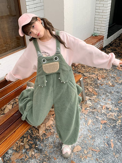 Cute Dinosaur Green Plush Overalls