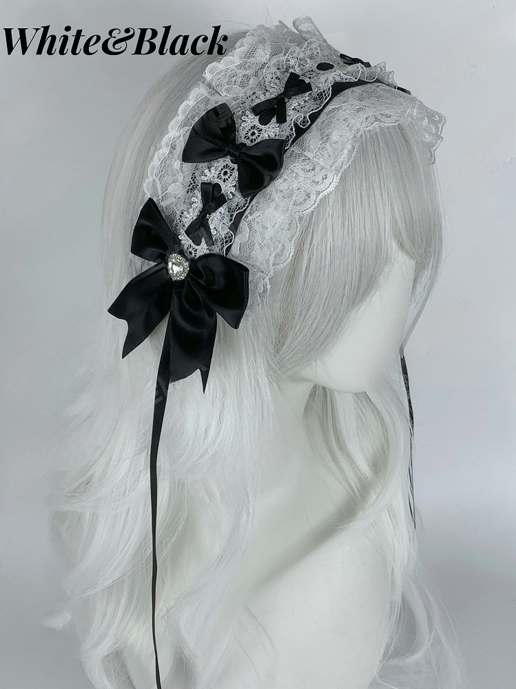 Jirai Kei Bow Rhinestone Ruffled Lace Trim Hairband