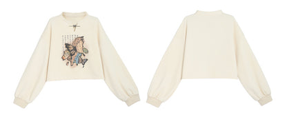 Banded Sweatshirt Collar Butterfly Style Cheongsam Print Black/Apricot