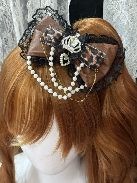 Rhinestone Hairclip Beaded Lace Pattern Trim Bowknot BlackBrown Crown Decorated Charm Leopard
